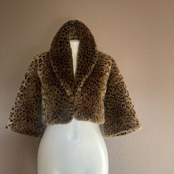 SHERI BODELL Leopard Print Faux Fur Crop Jacket Coat Size Xs - Picture 1 of 9